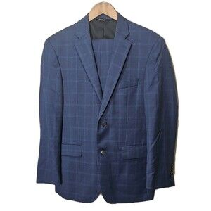 Jos A Bank 39R Travelers Navy Blue Wool Mens Jacket Pants Suit Windowpane